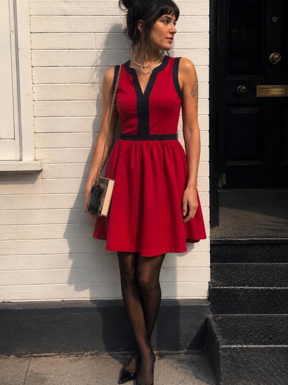 Sleeveless Red A-Line Dress with Black Contrast Trim